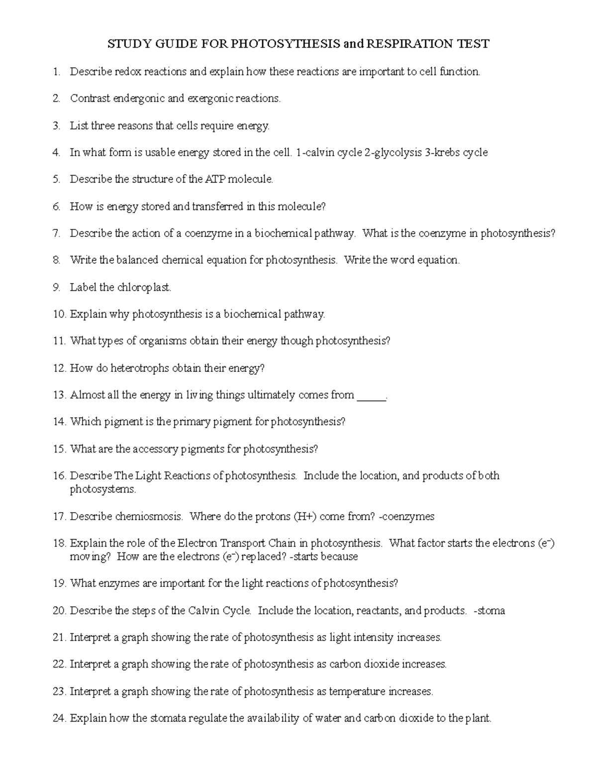 Photosynthesis Respiration Study Guide 2021 - STUDY GUIDE FOR ...