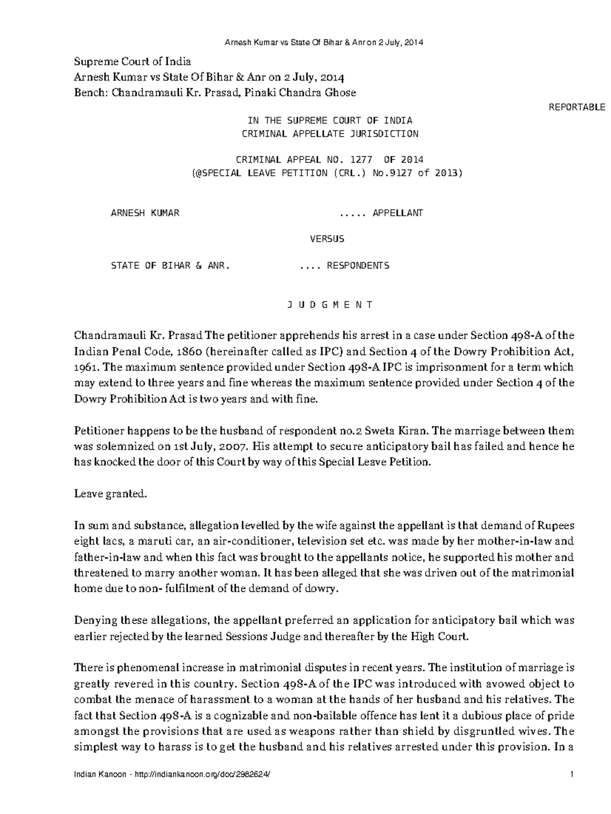 Arnesh Kumar vs State Of Bihar Anr on 2 July 2014 - LAW - Studocu