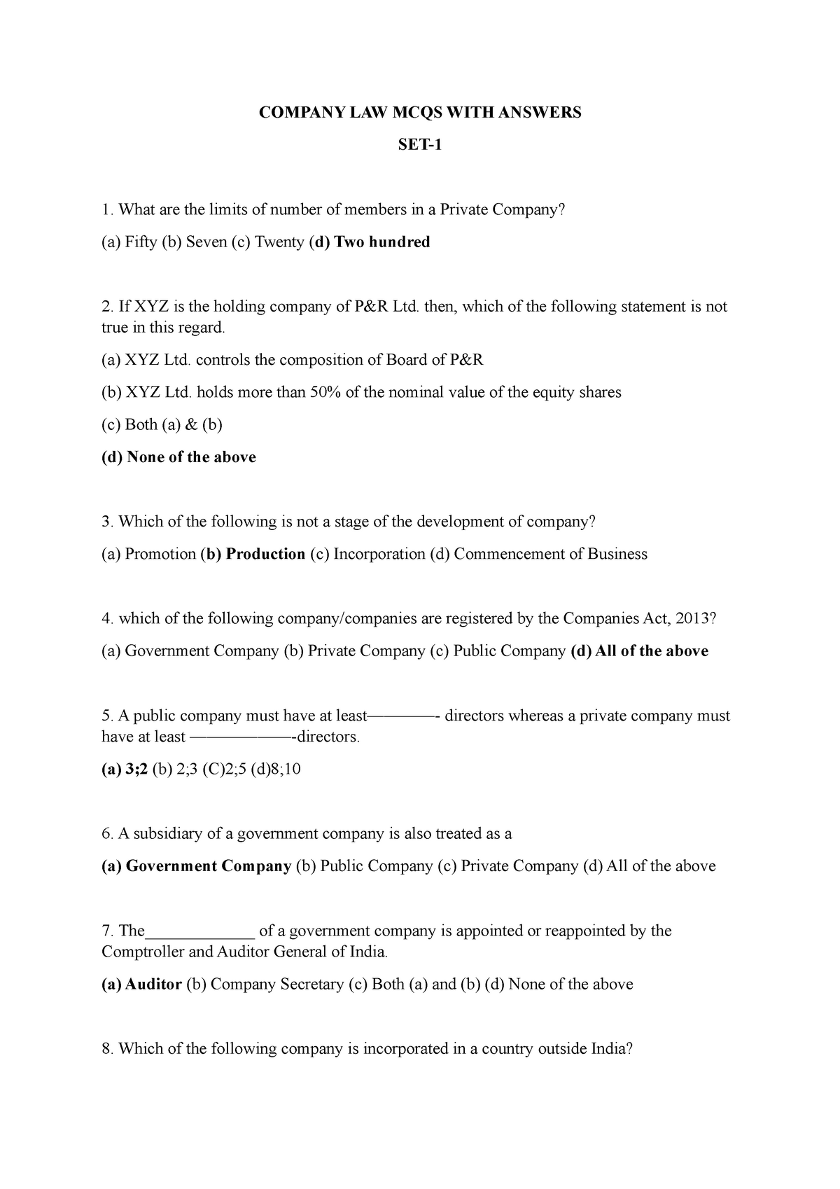 Company Law Mcqs With Answers Company Law Mcqs With Answers Set What Are The Limits Of Number Of Studocu