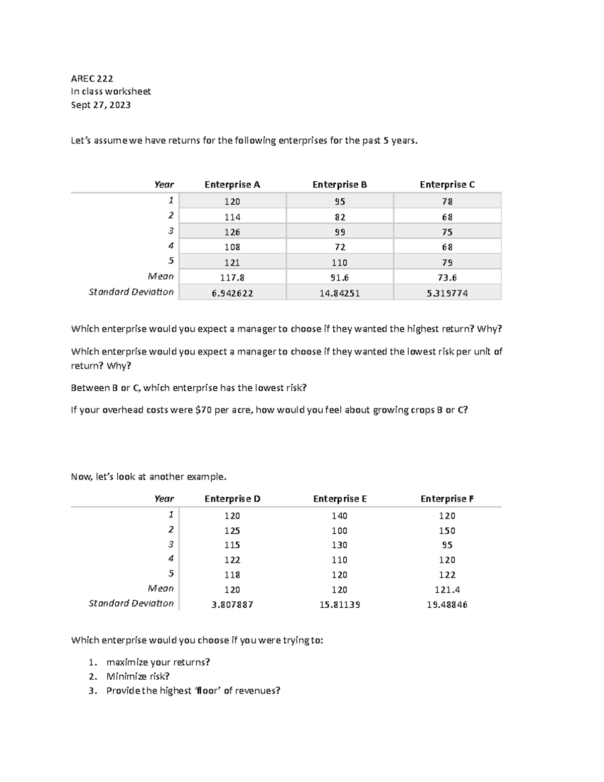 In Class Example Sept 27 AREC 222 In Class Worksheet Sept 27 2023 In Class Example Sept 27 AREC 222 In Class Worksheet Sept 27 2023