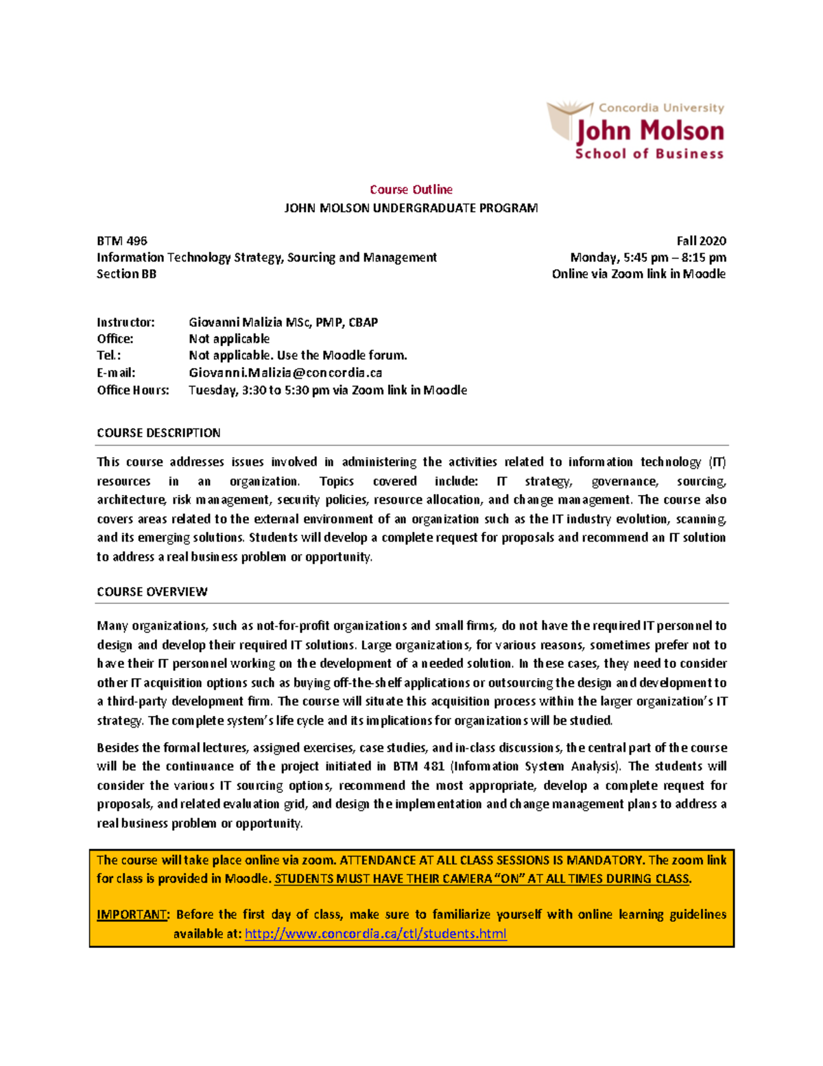 BTM 496 Fall 2020 Section BB Course Outline NEW - Warning: TT ...
