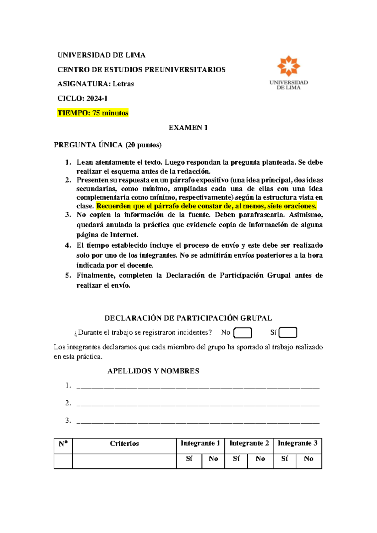 Examen 1 pre lima - UNIVERSIDAD DE LIMA CENTRO DE ESTUDIOS ...