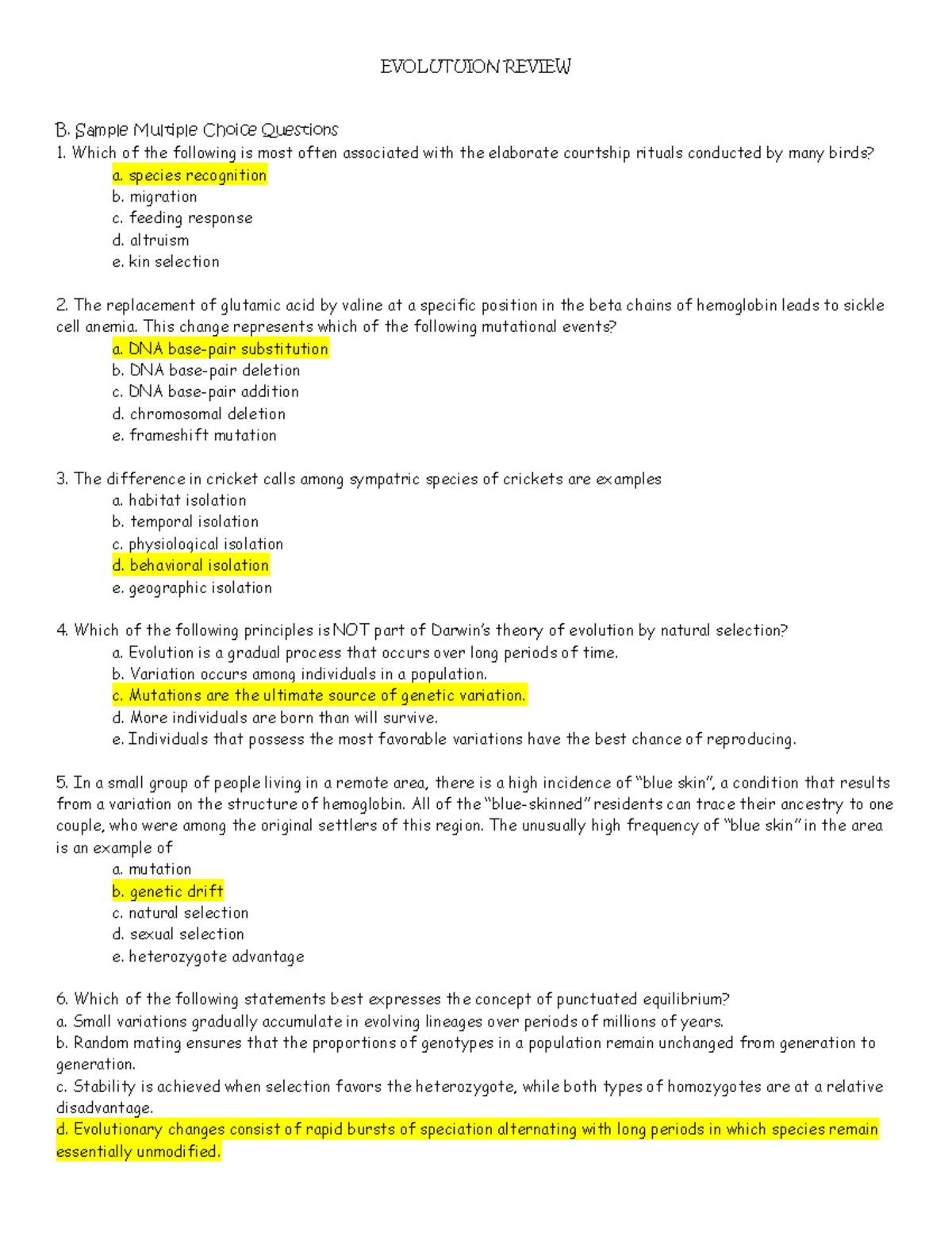 Biology Evolution - EVOLUTUION REVIEW B. Sample Multiple Choice ...