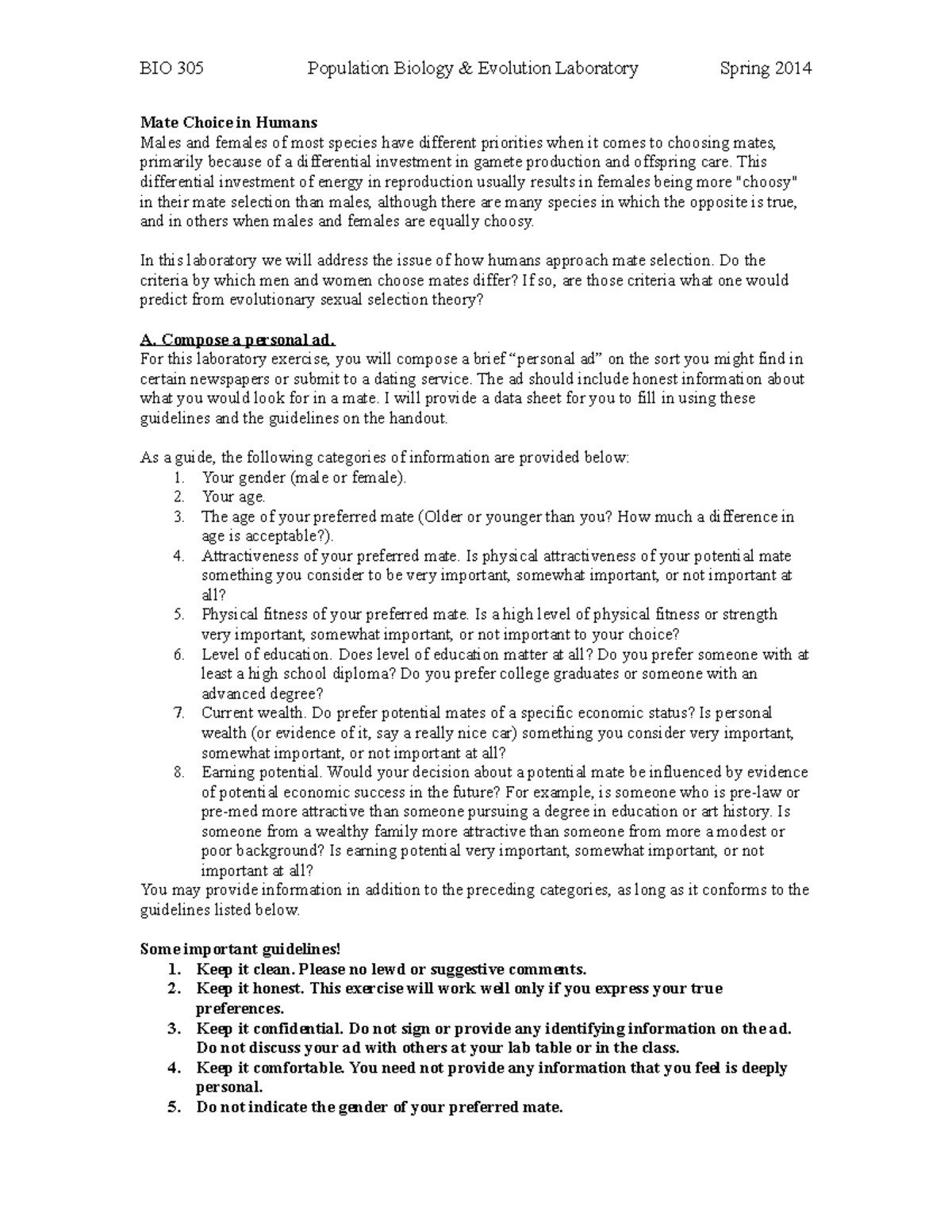 Sexual Selection Lab - This is a lab report that was completed and ...