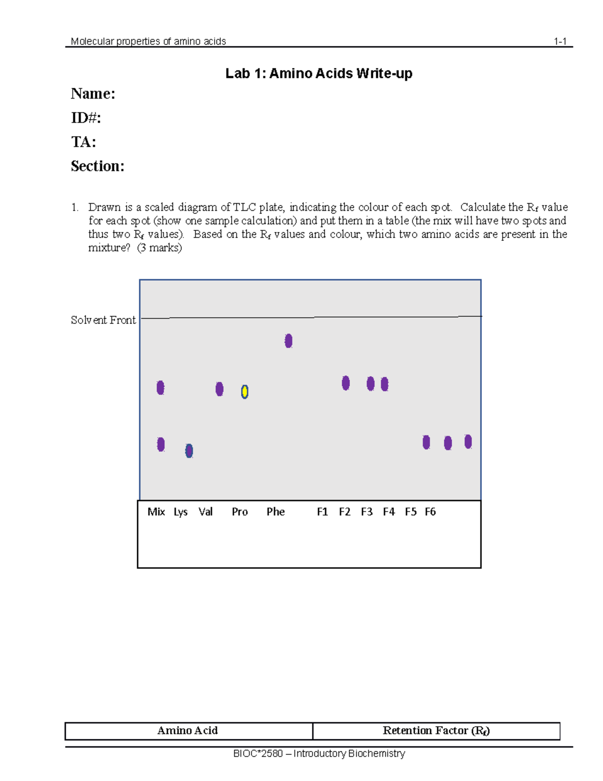 Amino Acid Lab Write Up Molecular properties of amino acids 1 Lab 1 Amino Acids Writeup