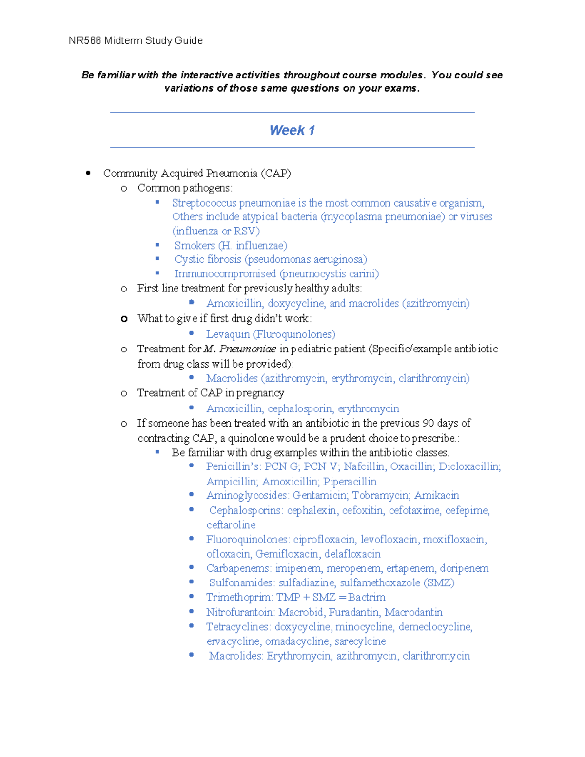 NR566 Week 4 Midterm Study Guide 2024 - Be Familiar With The ...