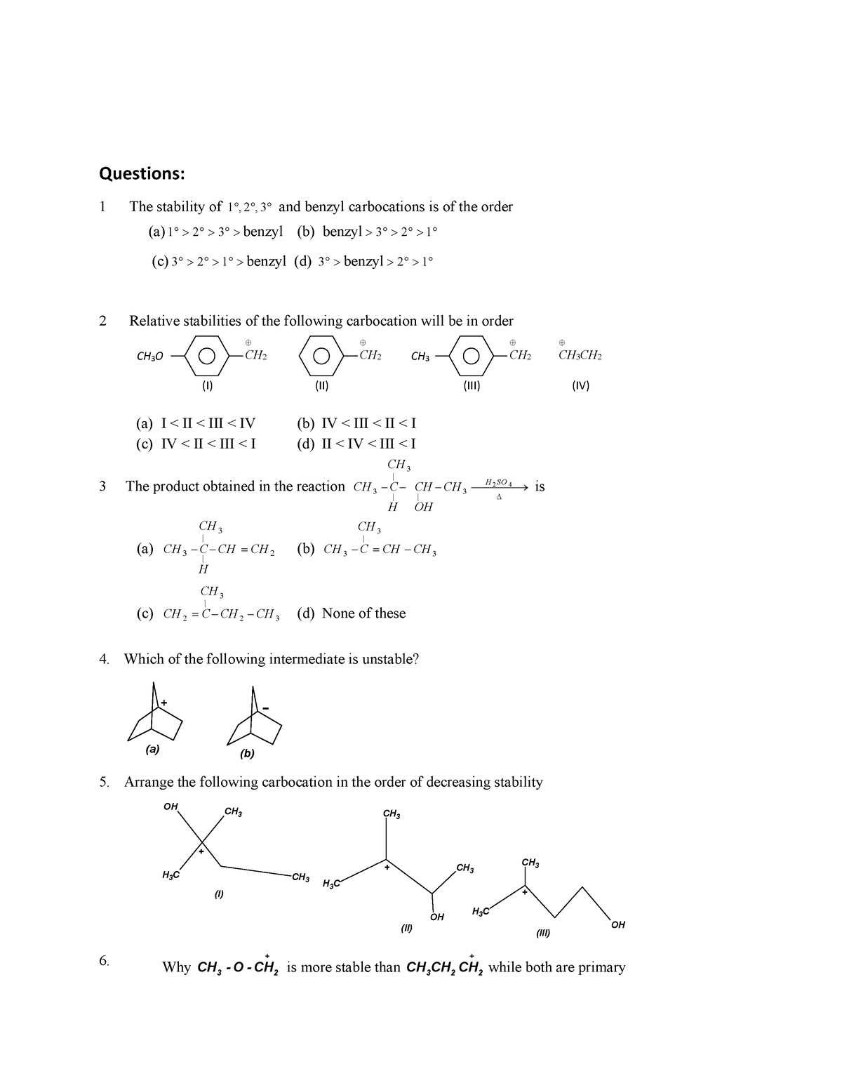 Carbonation - Questions: 1 The stability of 1 , 2 , 3 and benzyl ...