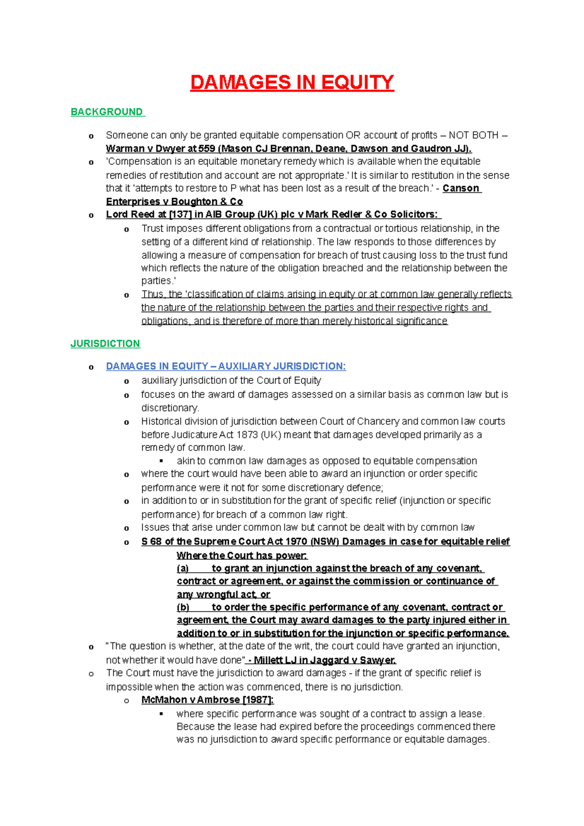 Damages IN Equity DAMAGES IN EQUITY BACKGROUND o Someone can only be
