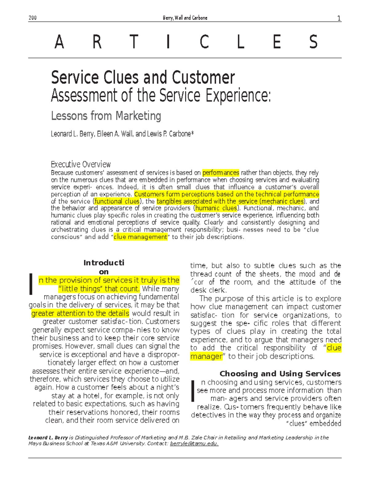 Service clues - Lecture notes 3 - A R T I C L E S Service Clues and ...