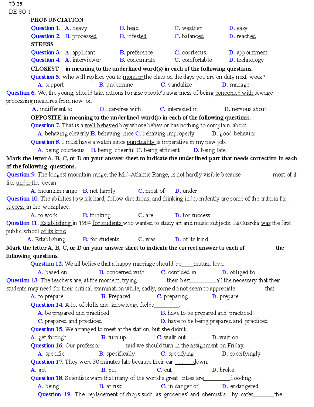 TỜ 35DE-đã chuyển đổi - TỜ 35 DE SO 1 PRONUNCIATION Question 1 ...