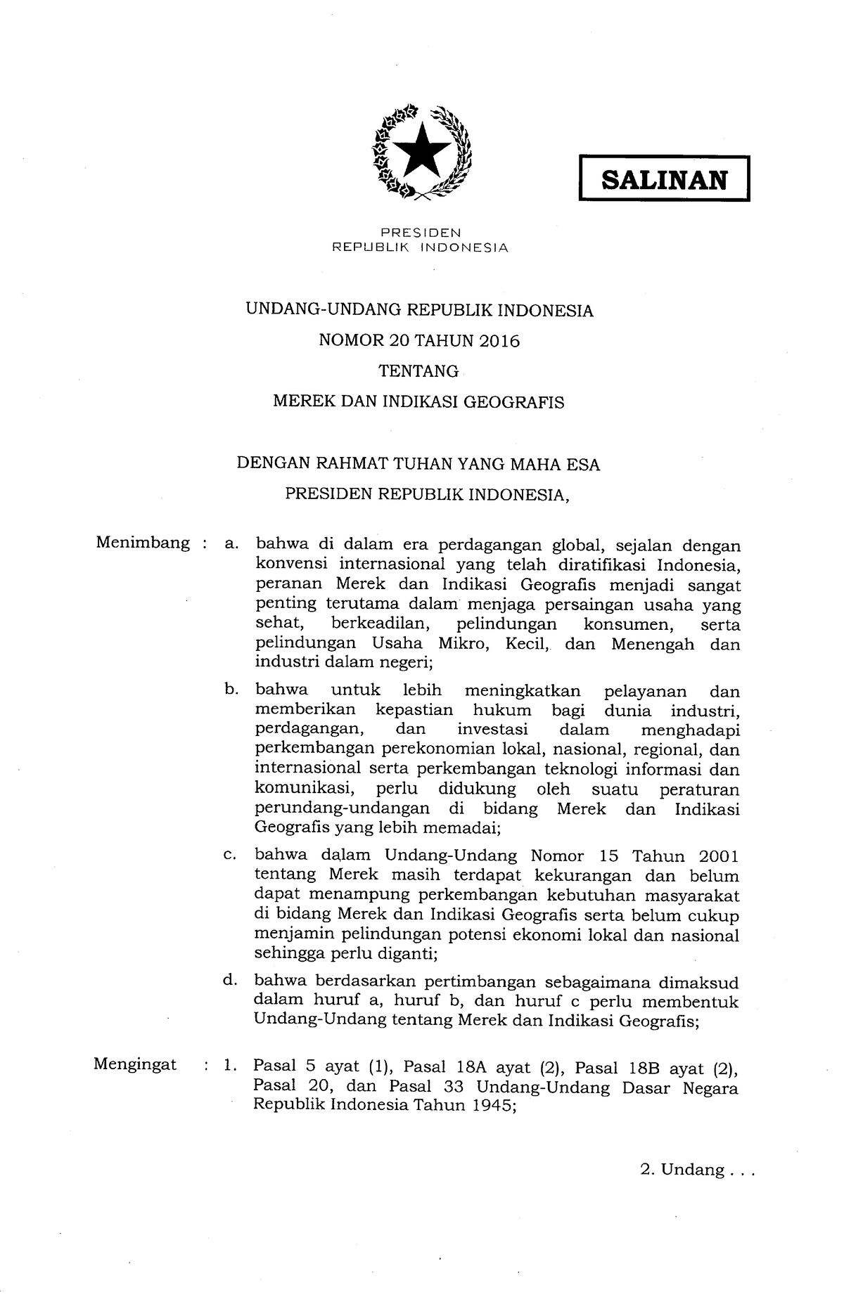 UU Nomor 20 Tahun 2016 - SALINAN PRESIDEN REPU BLIK INDONESIA UNDANG ...