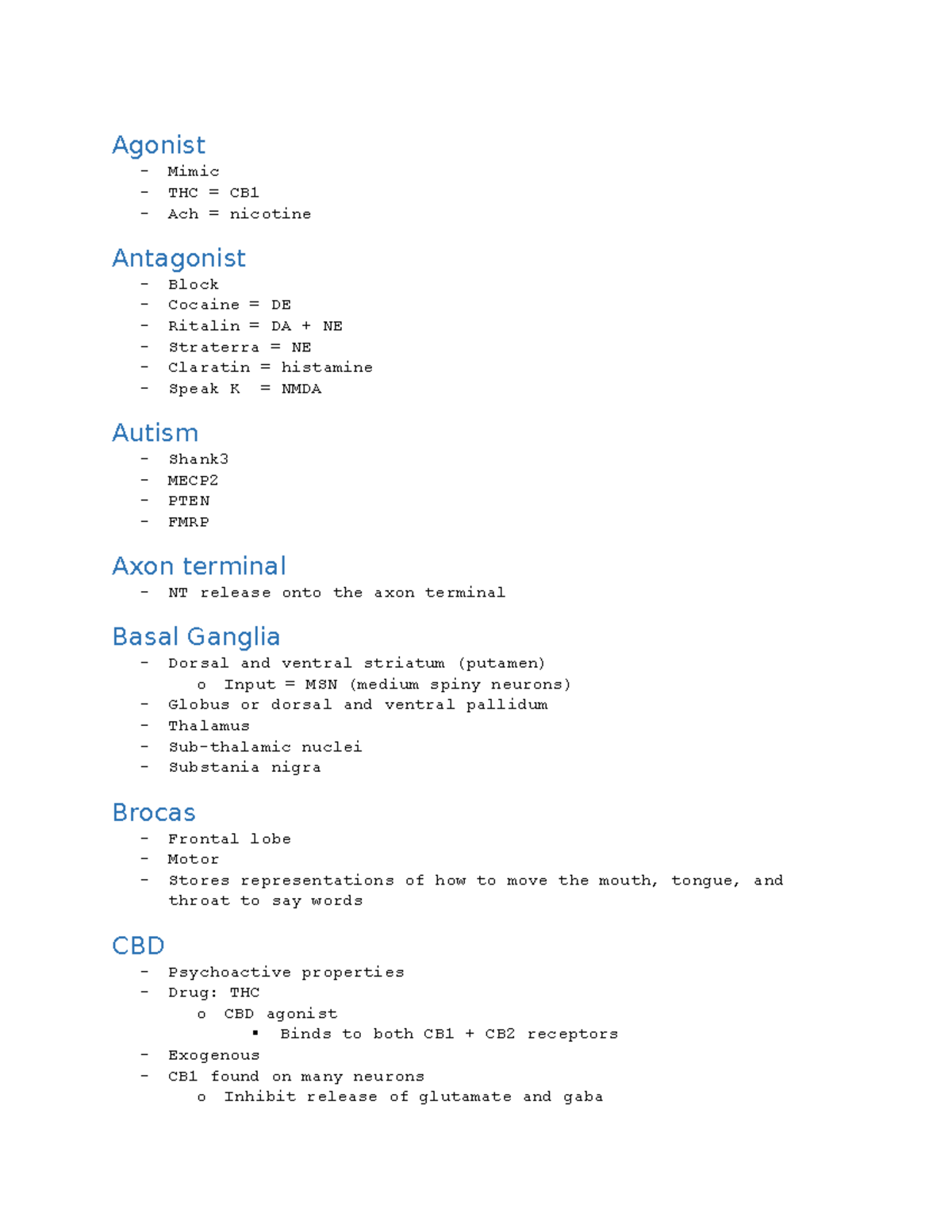 Cheat Sheet - Notes for lab - Agonist - Mimic - THC = CB - Ach ...