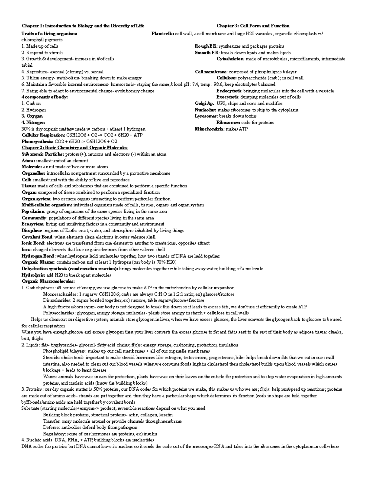 Biology 100 Exam Notes - Chapter 1: Introduction to Biology and the ...