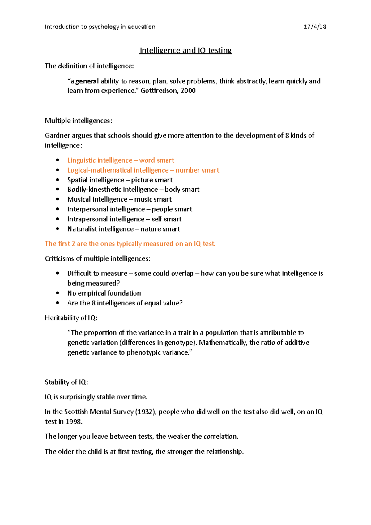 Unit 5 Individual Differences - Lecture 2 - Intelligence and IQ testing ...