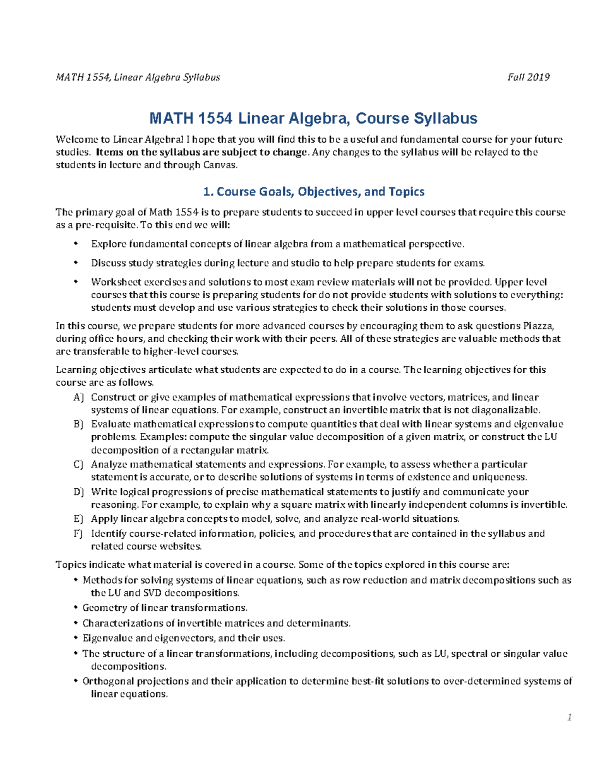 Gt Linalg Syllabus - MATH 1554 Linear Algebra, Course Syllabus Welcome ...