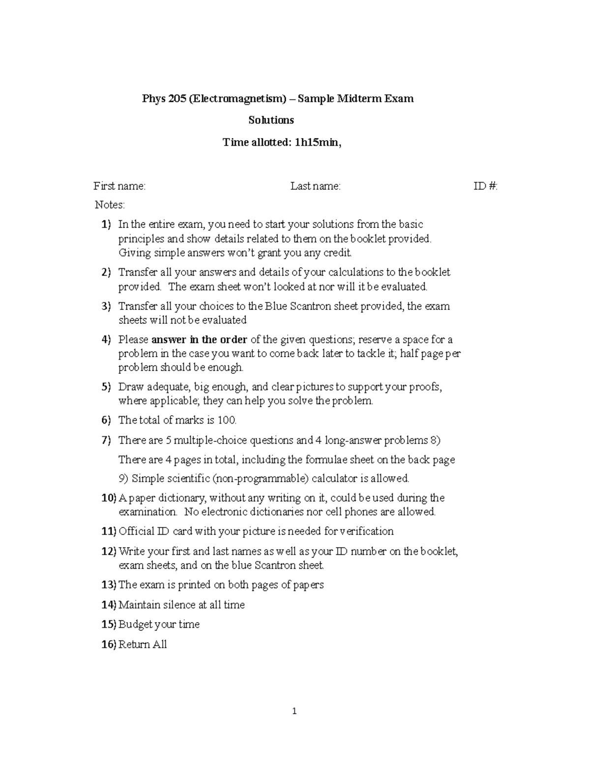 PHYS205 - Sample Midterm - With Solutions - Phys 205 (Electromagnetism ...