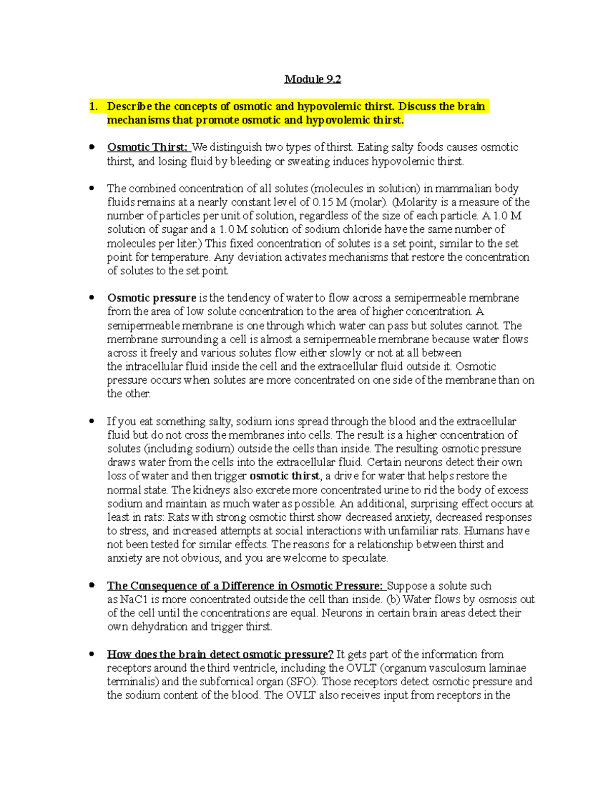 Module 9.2 Osmotic and hypovolemic thirst Module 9. Describe the