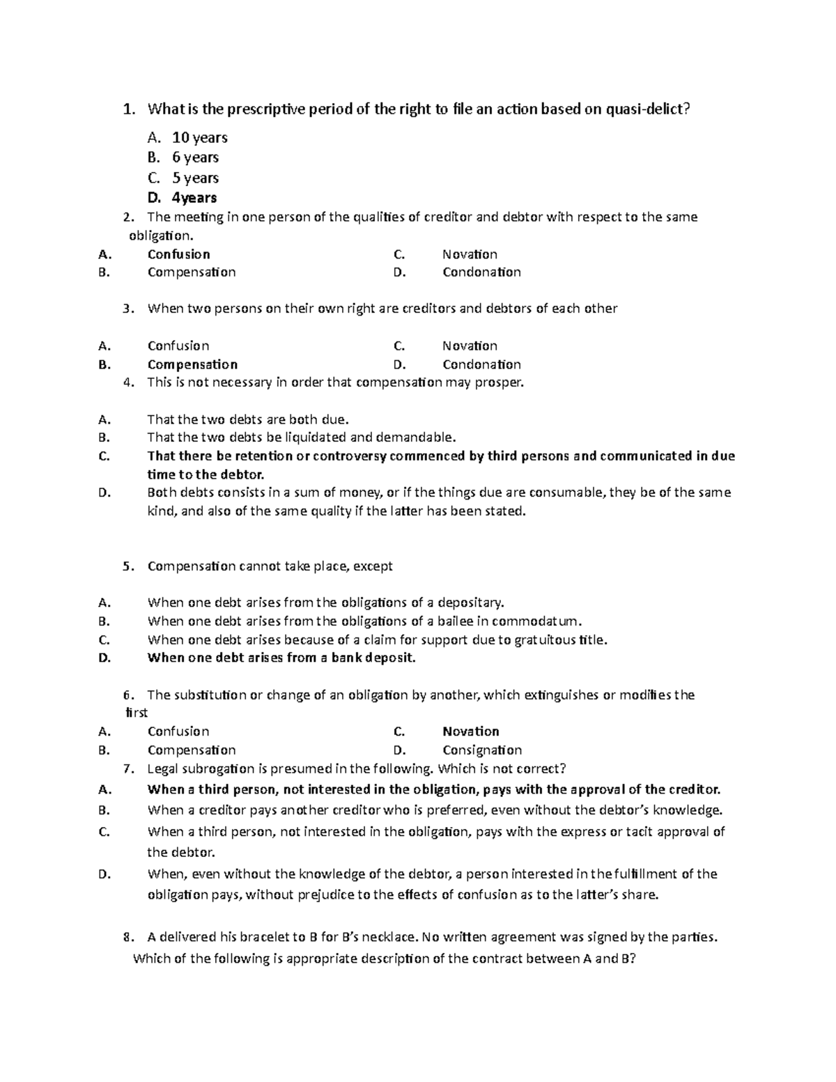 Law on Oblicon - Long Quiz 3 - answer key - 1. What is the prescriptive ...