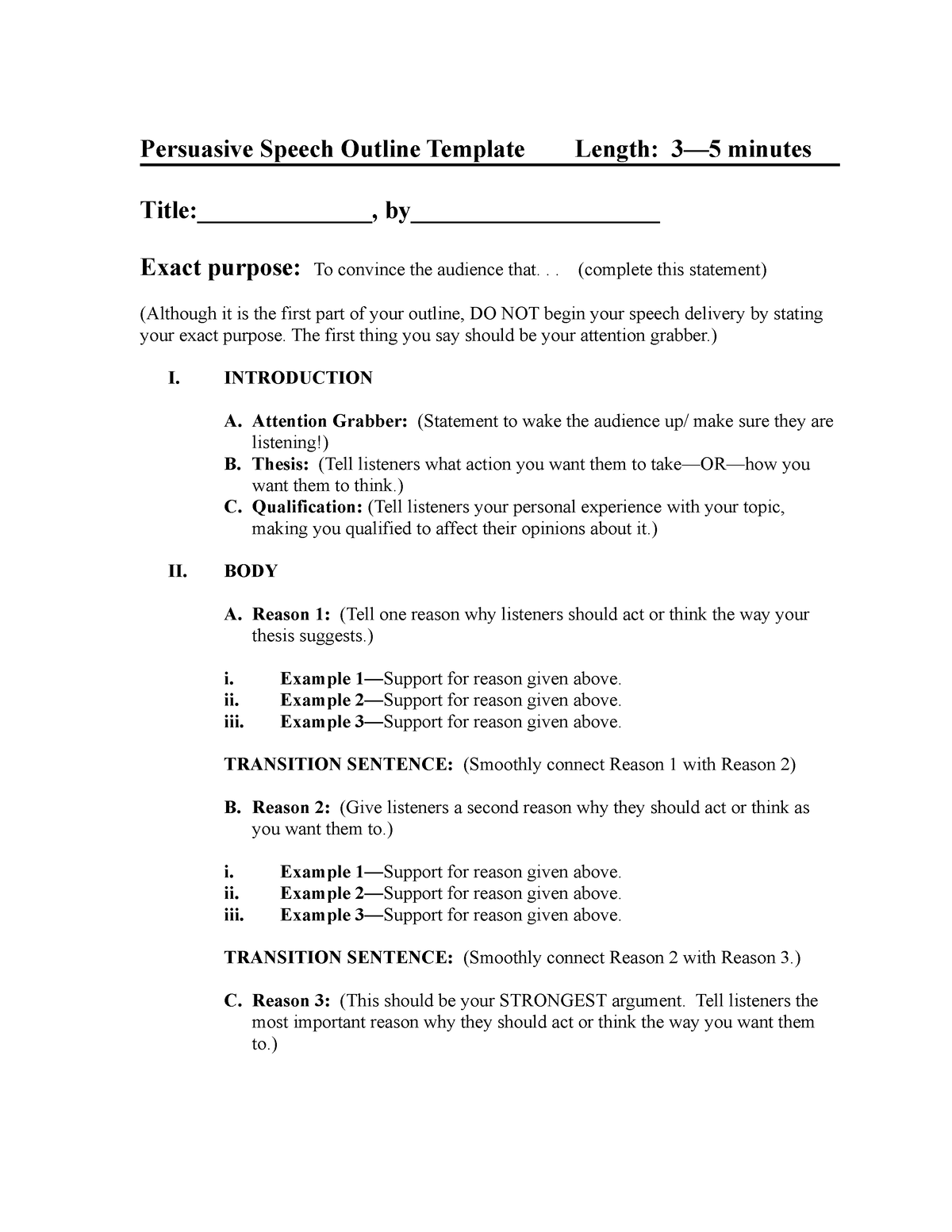 Persuasive Speech Outline - .. (complete this statement) (Although it ...