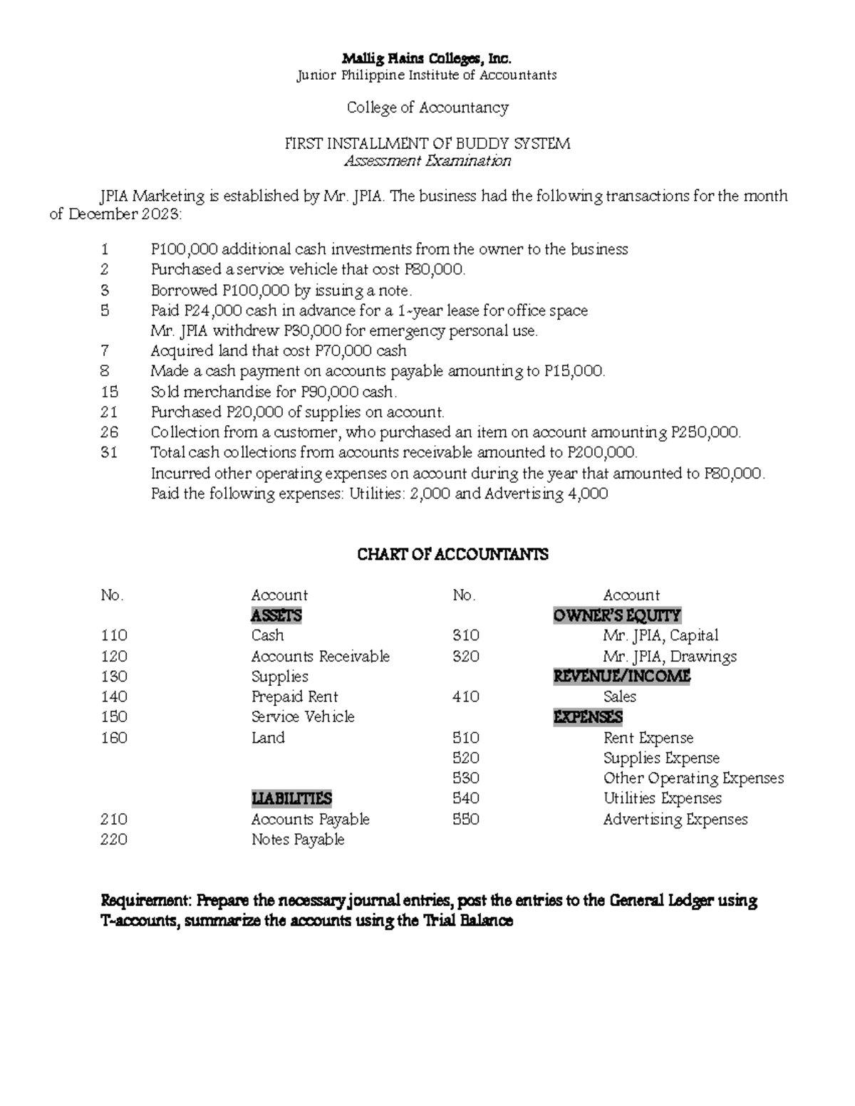 Assessment-First Installment - Mallig Plains Colleges, Inc. Junior ...