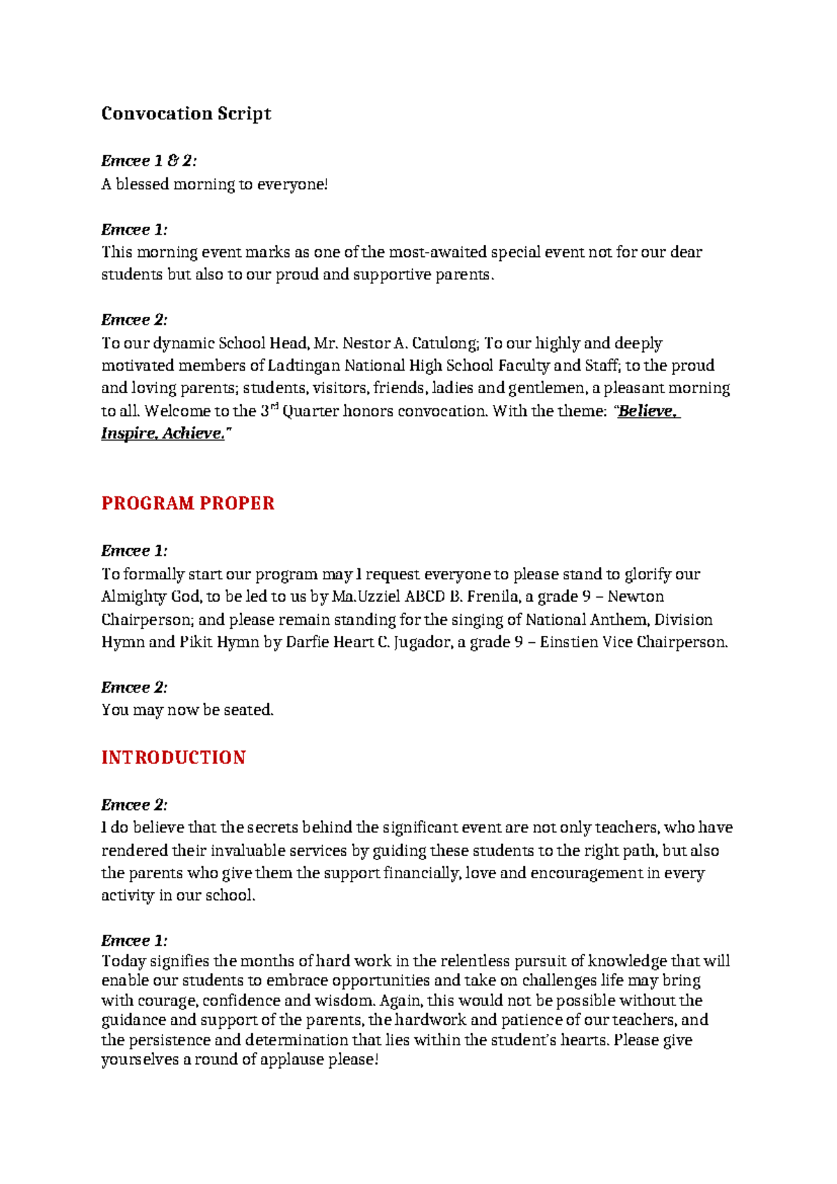 Convocation Script - Grade 9 - Convocation Script Emcee 1 & 2: A ...