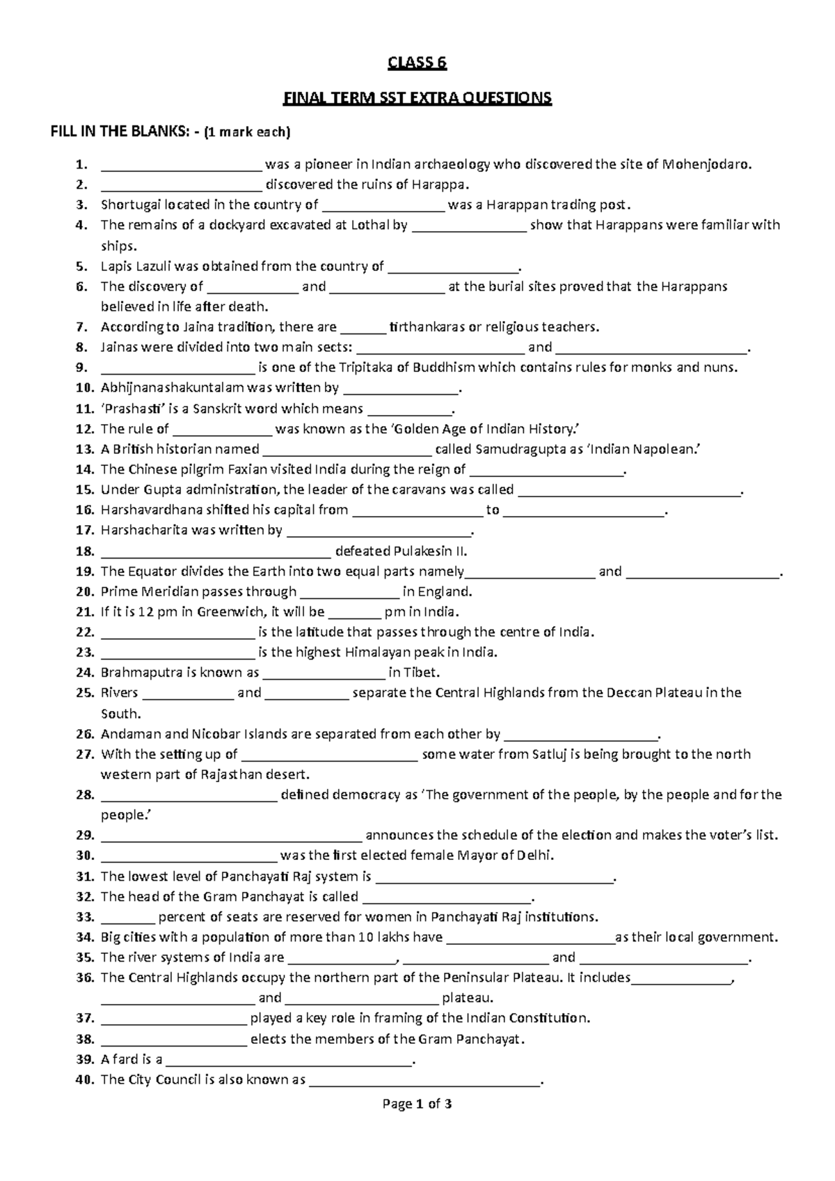 Class 6 SST Final TERM Extra QUES - Page 1 of 3 CLASS 6 FINAL TERM SST ...