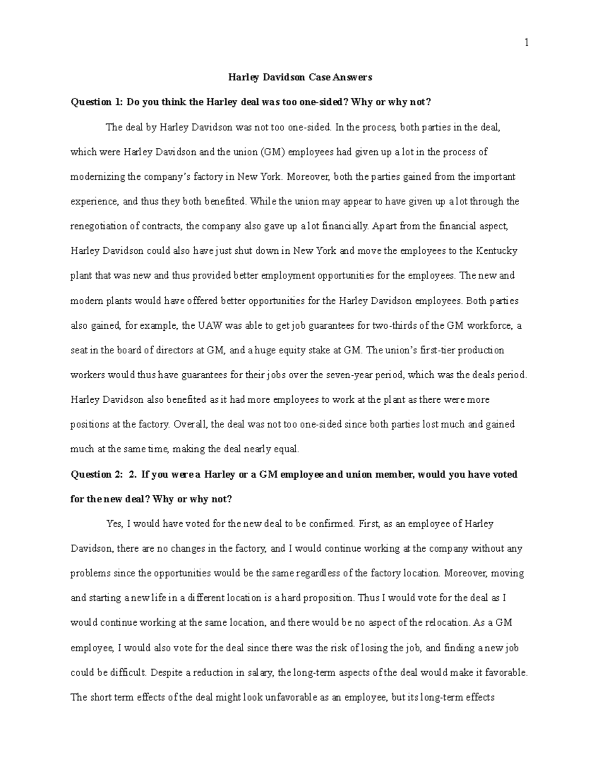 Harley Davidson Case Answers Harley Davidson Case Answers Question 1