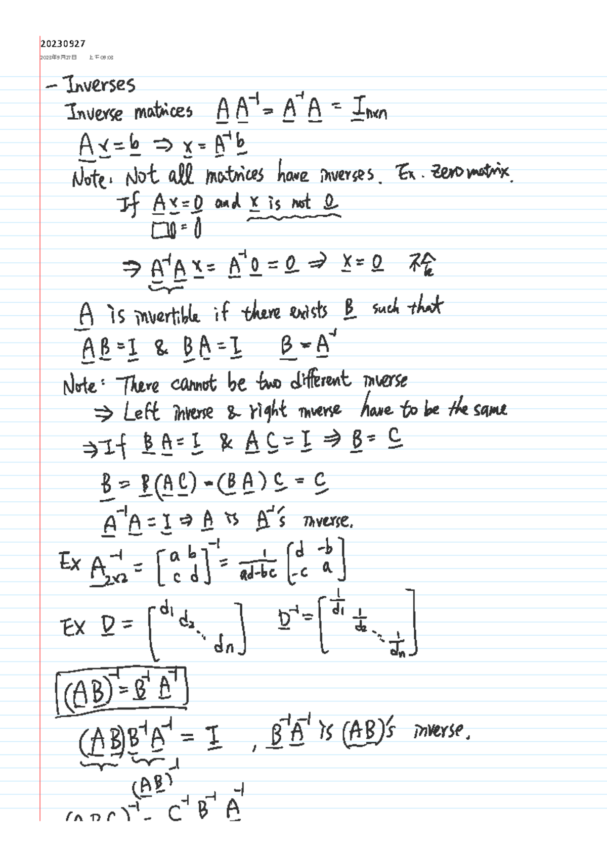 20230927 - M Y notes - Linear Algebra - 2023 年 9 㛯 27 㗌 上午 09: ㄢ - Studocu