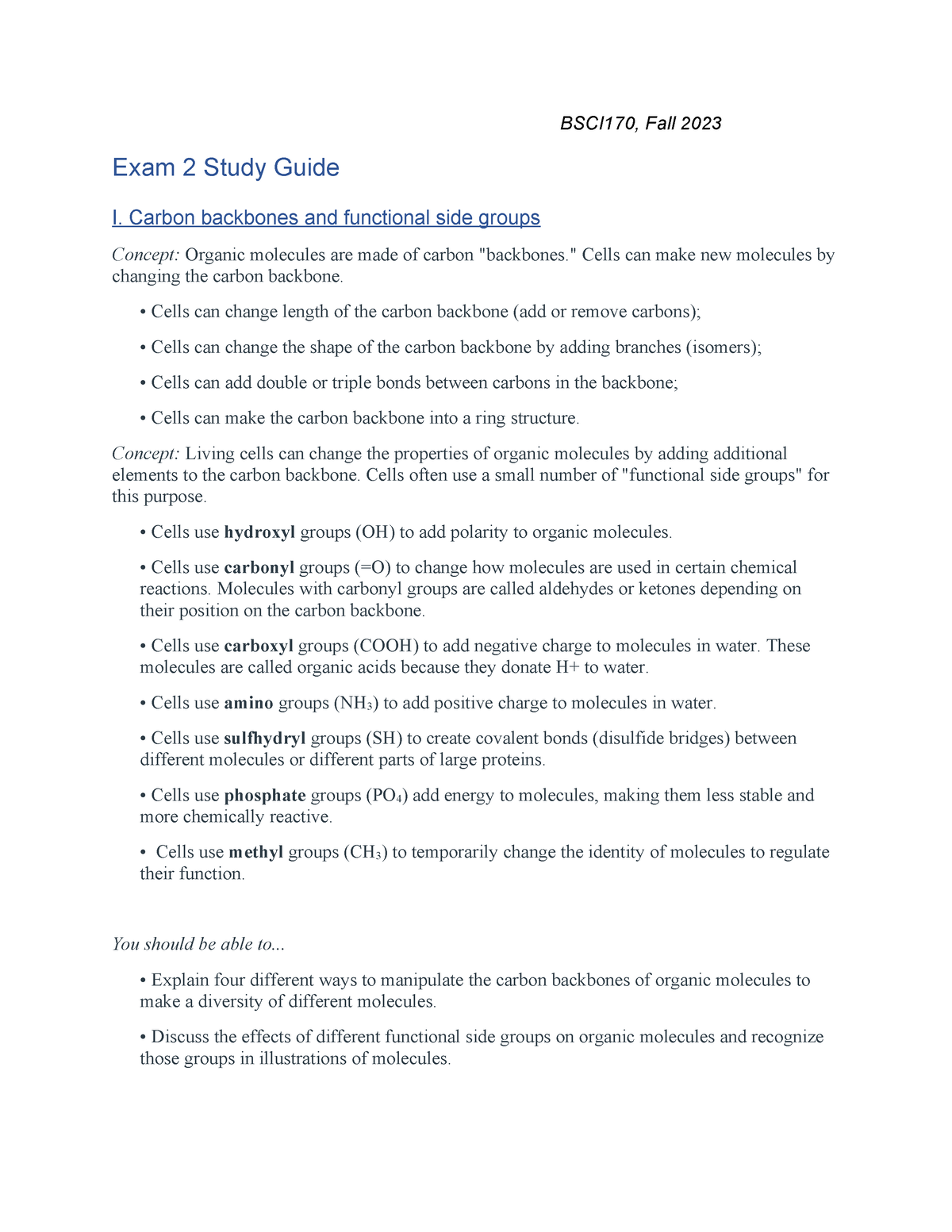 Study Guide Exam 2 - BSCI170, Fall 2023 Exam 2 Study Guide I. Carbon ...