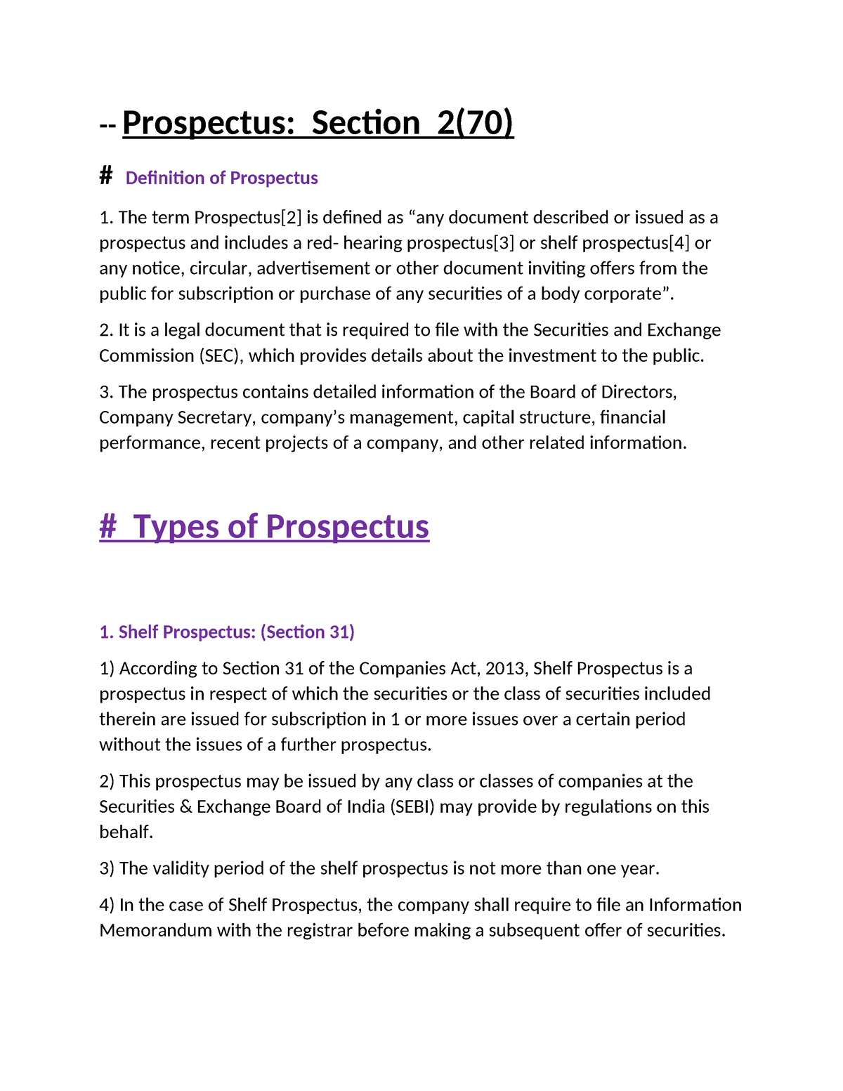 Corporate Law - Framework - Prospectus: Section 2(70) # Definition Of Prospectus 1. The Term ...