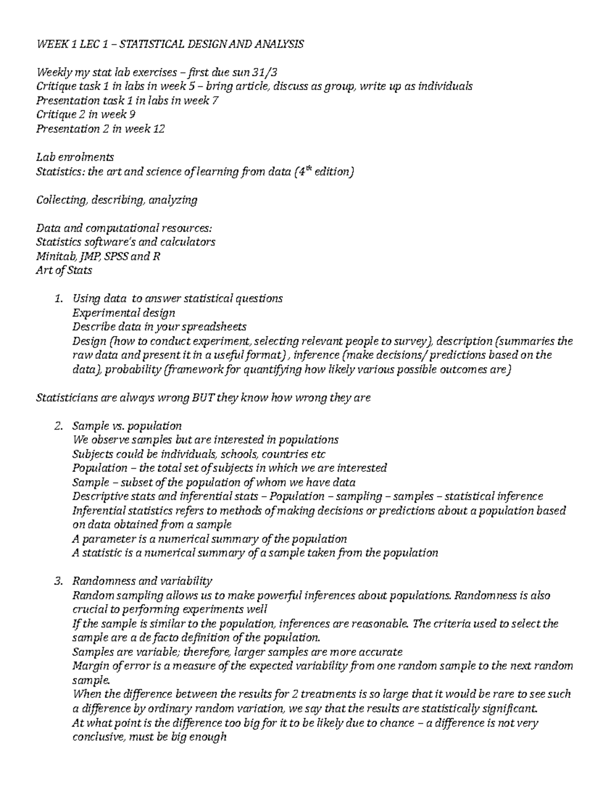 SDA lec 1 - Lecture notes 1 - WEEK 1 LEC 1 – STATISTICAL DESIGN AND ...
