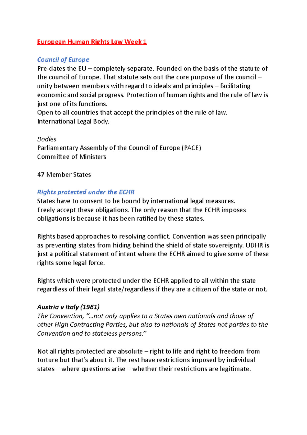 European Human Rights Law Week 1 - Founded on the basis of the statute ...