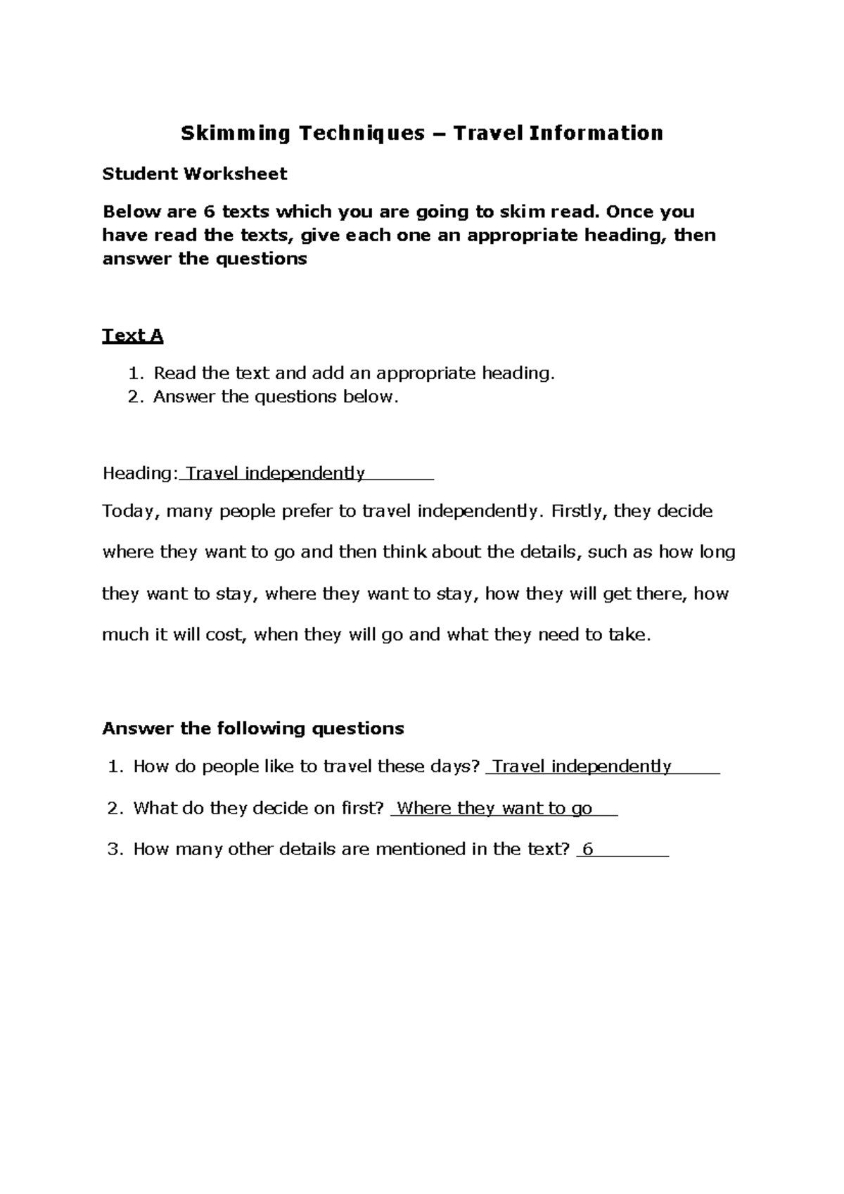 Skimming Techniques note Skimming Techniques Travel Information