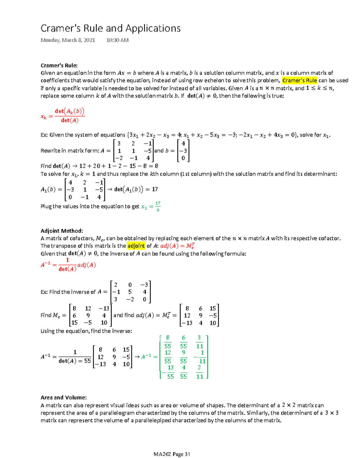 Cramer's Rule and Applications Cramer's Rule Given an equation in