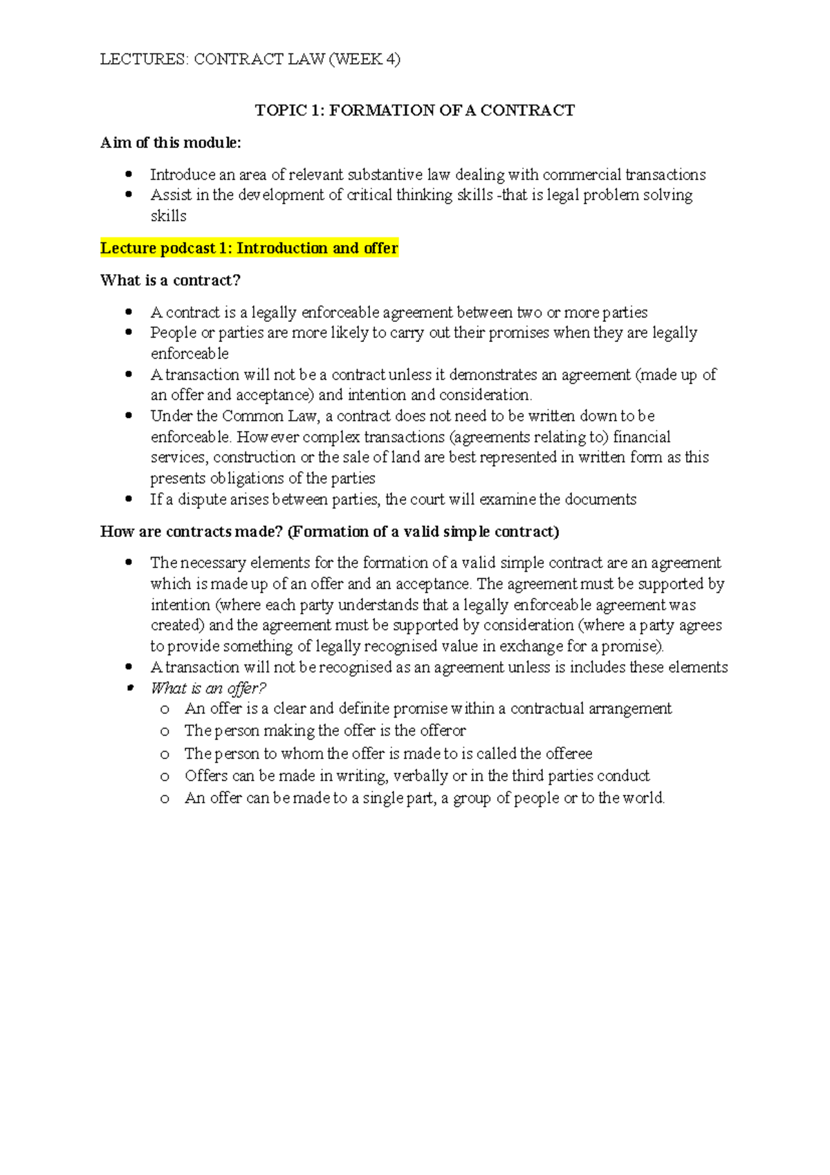 Lectures - Contract LAW (WEEK 4) - TOPIC 1: FORMATION OF A CONTRACT Aim ...