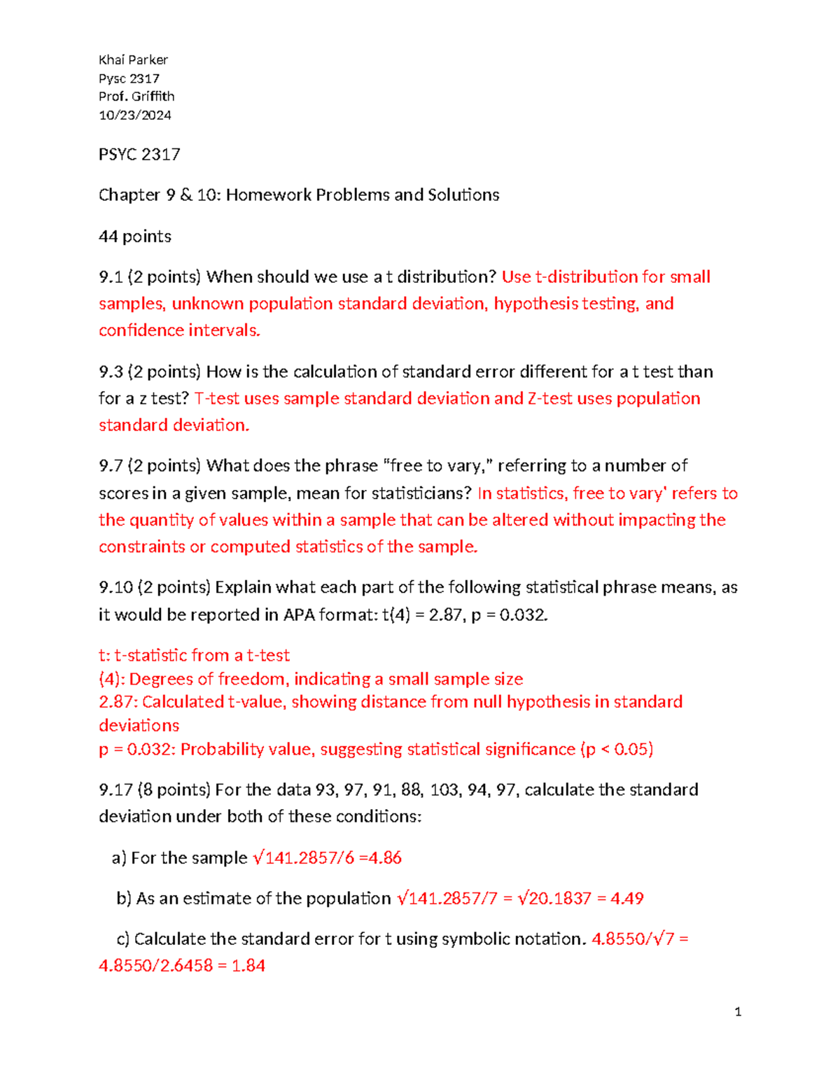 Homework Problems Chapters 9 10 Fall 2024 - Pysc 2317 Prof. Griffith 10 ...