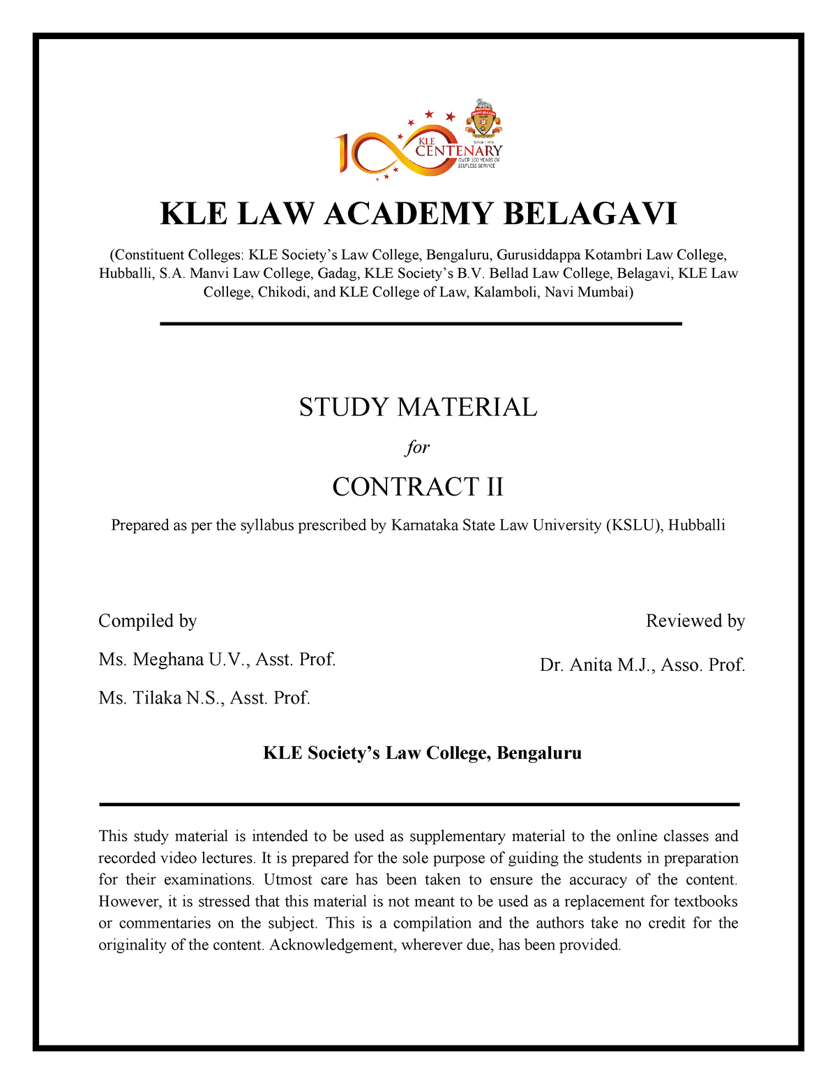 Contract II - LL.B - KLE LAW ACADEMY BELAGAVI (Constituent Colleges ...