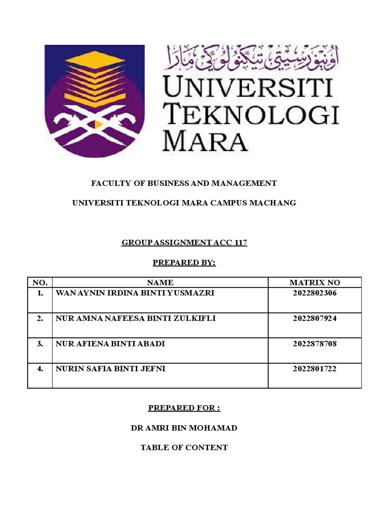 Assignment acc (new) - FACULTY OF BUSINESS AND MANAGEMENT UNIVERSITI ...