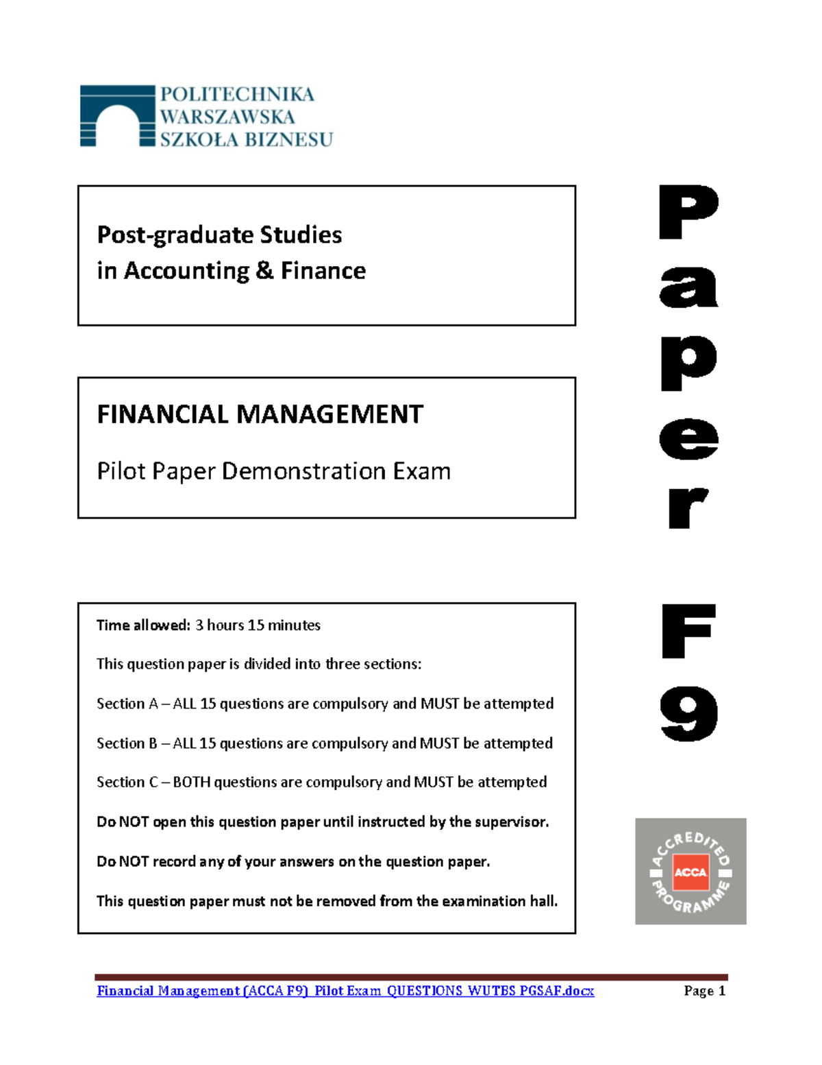 Financial Management Acca F9 Pilot Exam Questions Wutbs Pgsaf - Post ...