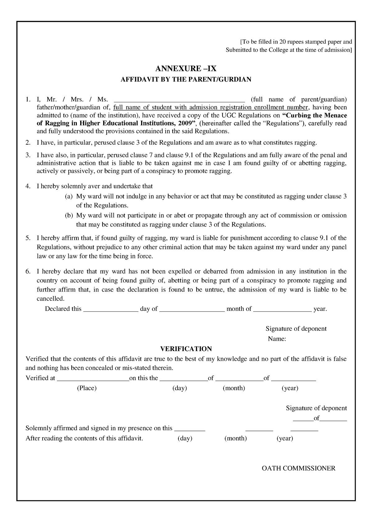 Annexures - IX - [To be filled in 20 rupees stamped paper and Submitted ...