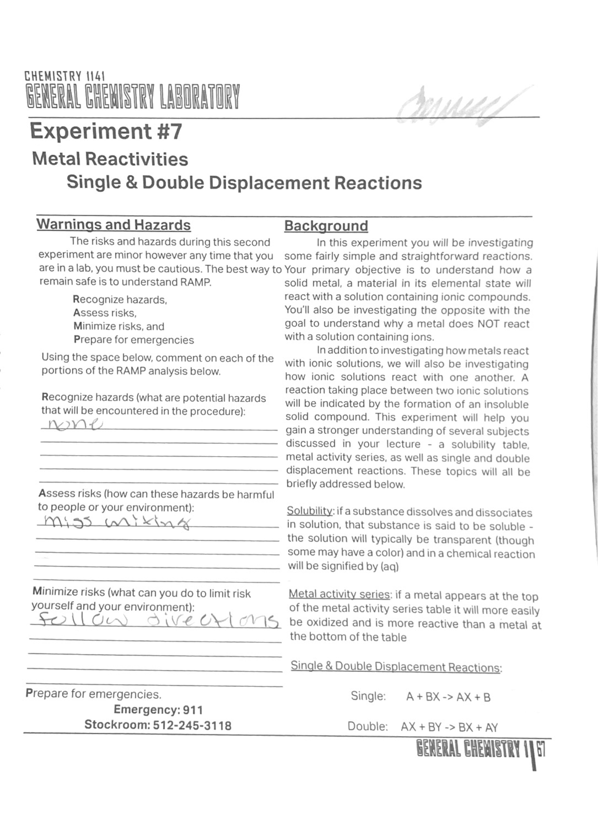 Chemistry Lab 1 Experiment Number 7 - CHEM 1341 - Studocu