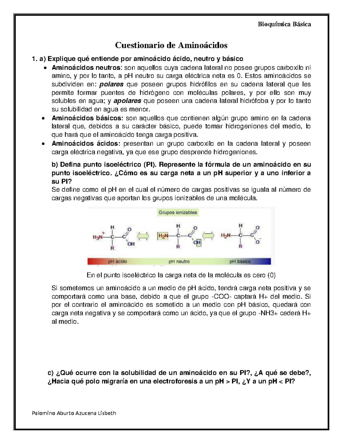 Aminoacidos - Cuestionario De 1. A) Explique Entiende Por Neutro Y ...