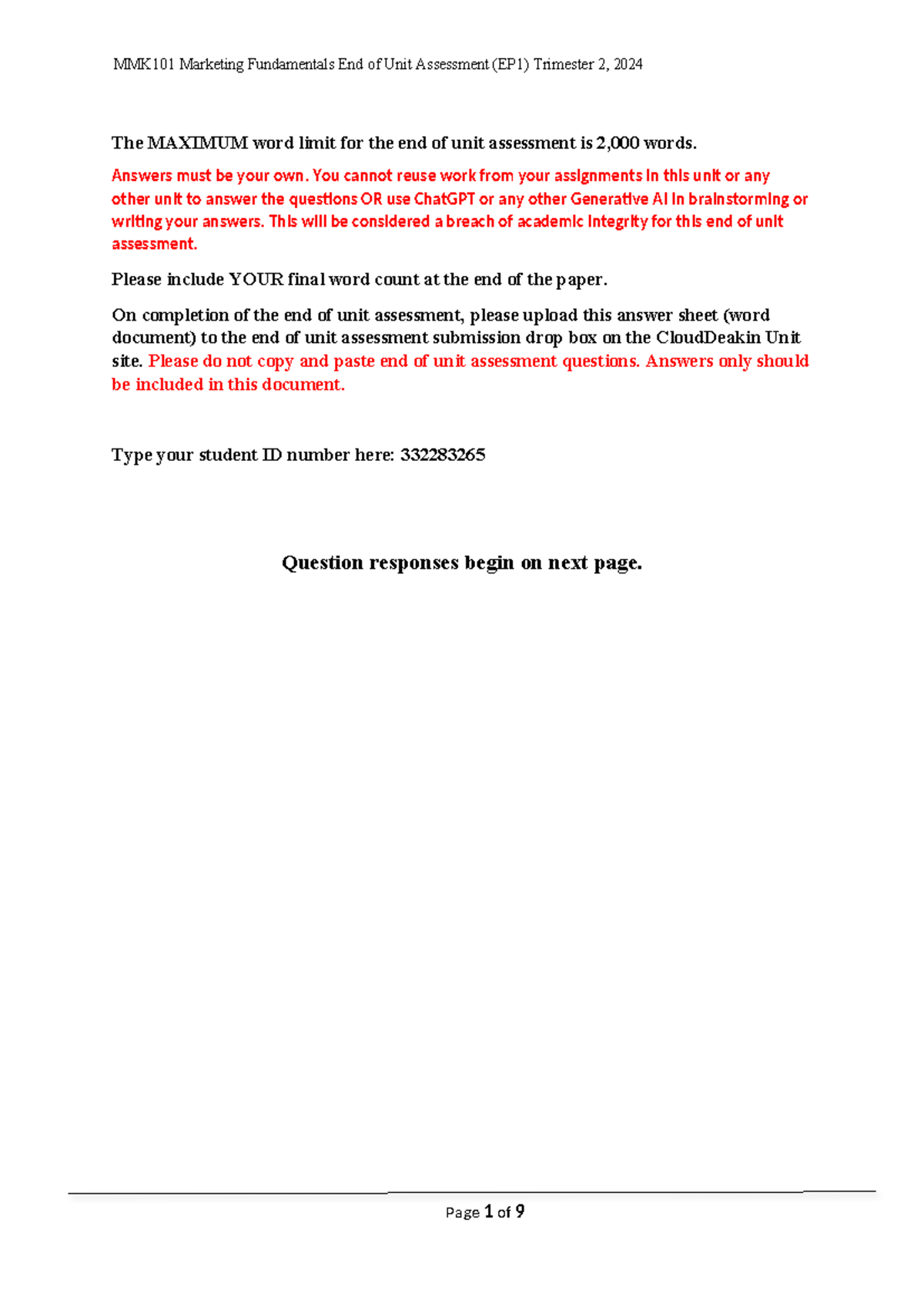223383265 MMK101 Marketing Fundamentals - The MAXIMUM word limit for ...