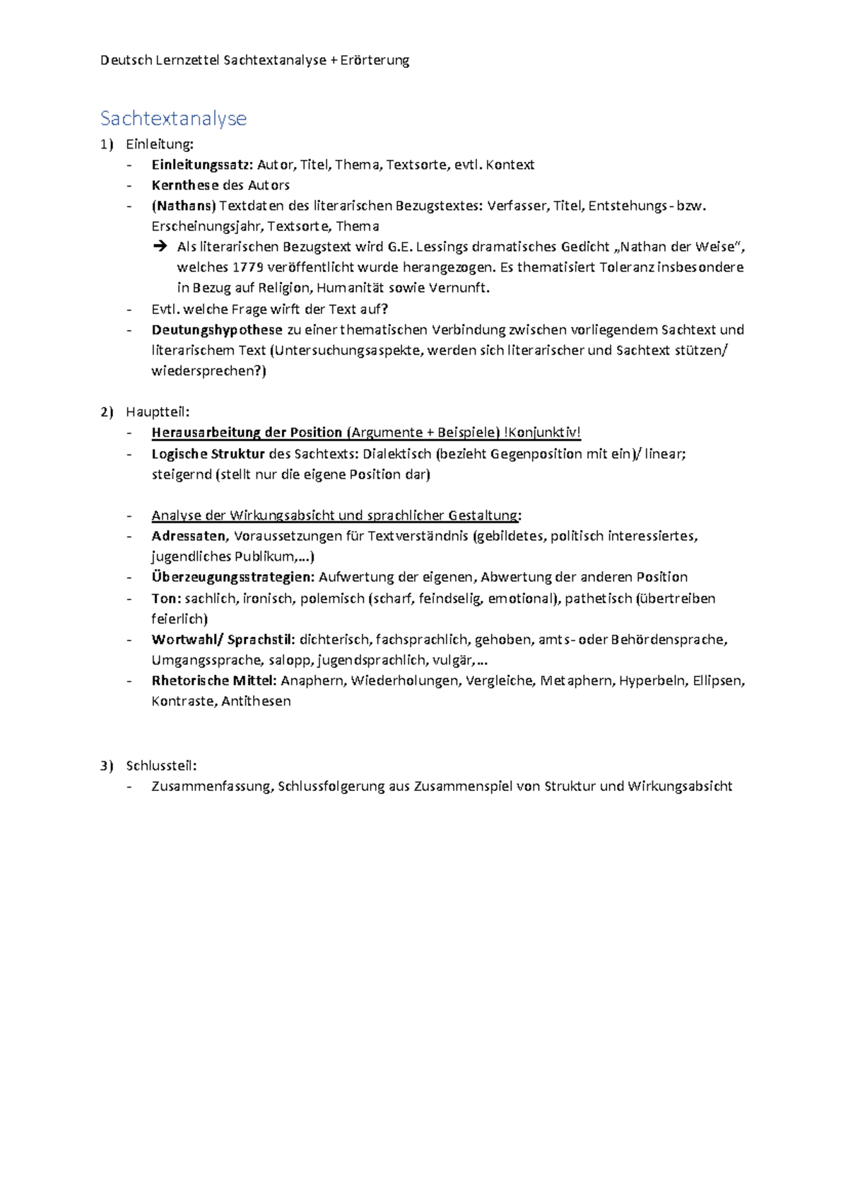 Deutsch Sachtextanalyse - Deutsch Lernzettel Sachtextanalyse
