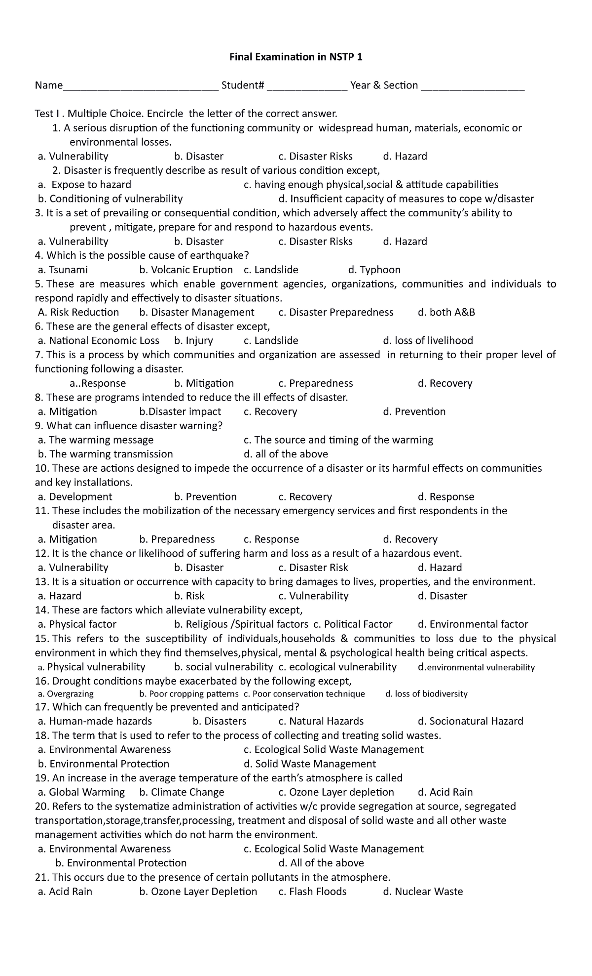 Final Examination in NSTP 1 - Multiple Choice. Encircle the letter of ...