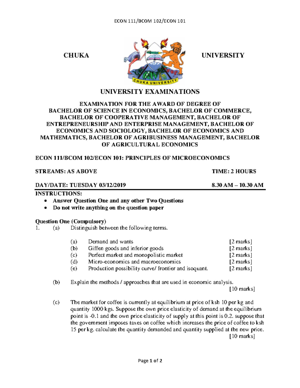 ECON 1113 - quiz - ECON 111/BCOM 102/ECON 101 Page 1 of 2 CHUKA ...