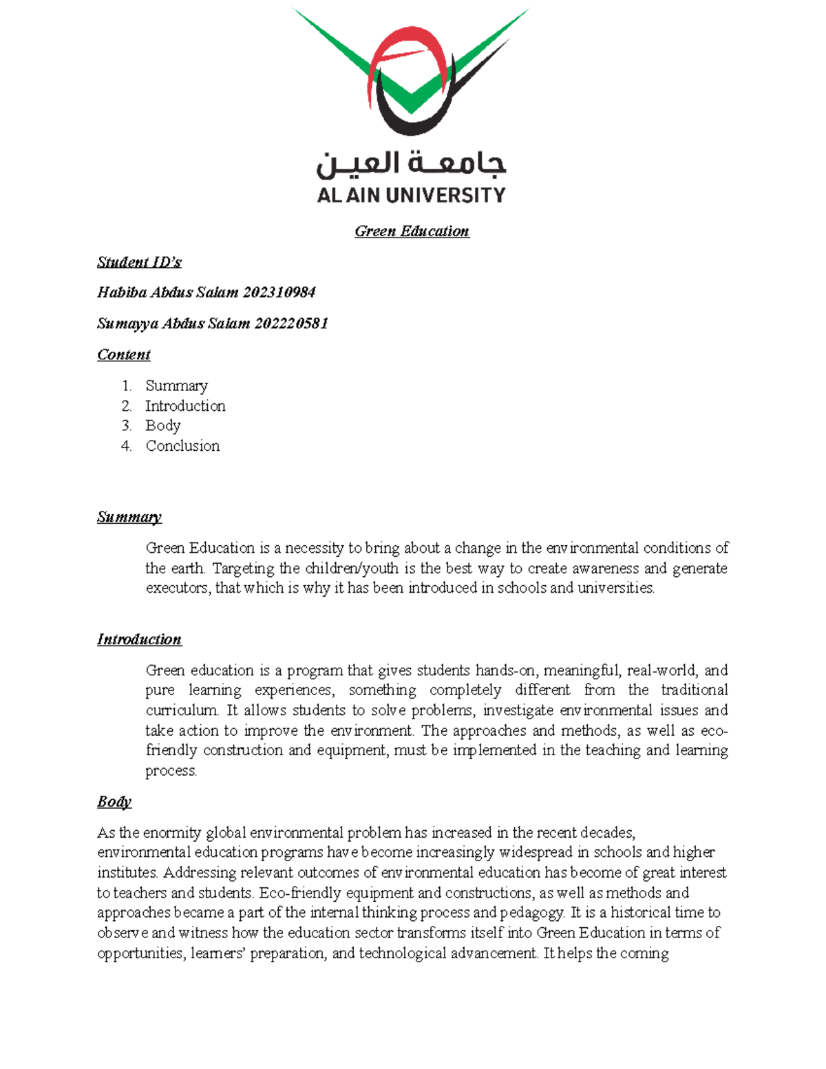 Assignment - Green Education Student ID’s Habiba Abdus Salam 202310984 ...