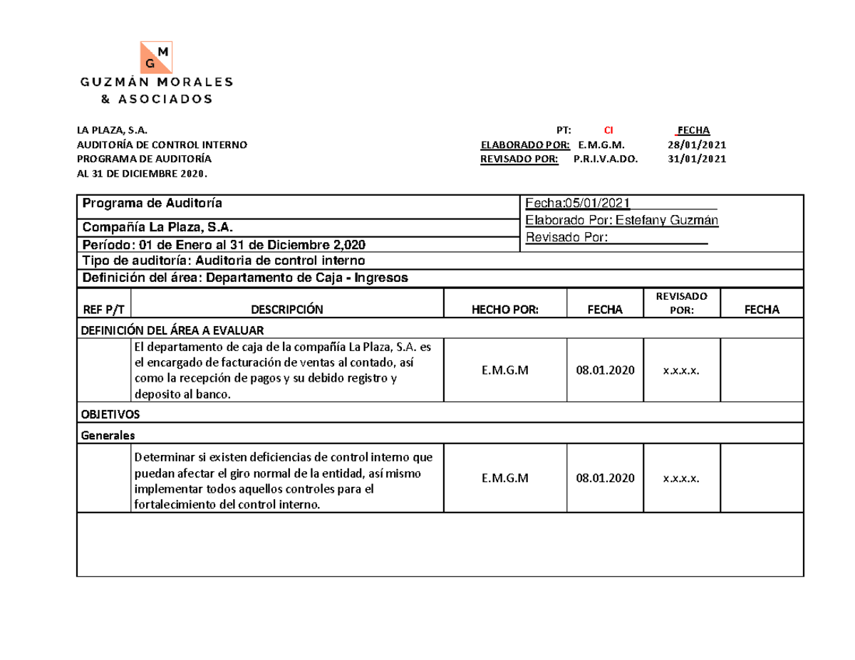 E - Detalle del informe de auditoria de control interno - LA PLAZA, S ...