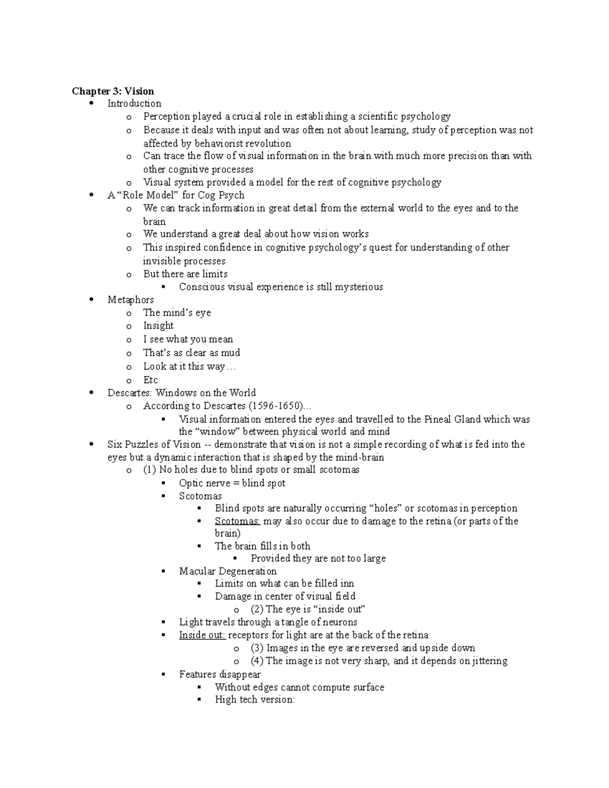 Chapter 3 Notes - Chapter 3: Vision Introduction o Perception played a ...