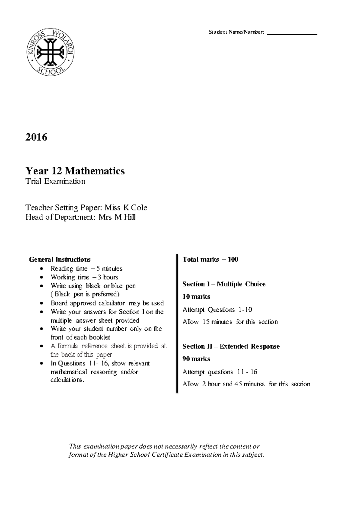 KWS 2016 2U Trials & Solutions - 2016 Year 12 Mathematics Trial ...